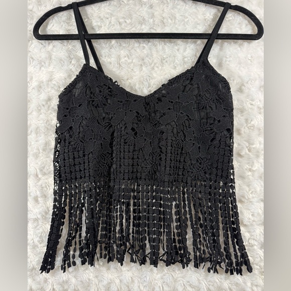 Charlotte Russe Tops - Charlotte Russe Women’s Black Lace Fringe Lined‎ Crop Camisole